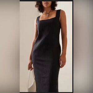 Paula 44 Linen 100% Square Neck Side Slits Dress Lagenlook Modern Minimalist,M